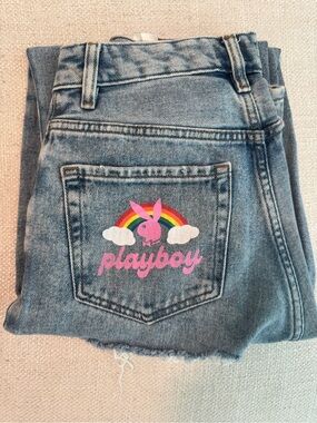 Pacsun x PLAYBOY Light Blue Boyfriend Jeans with Pink Logo & Rainbow Detail